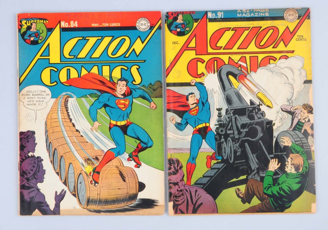 Lot of 2: Action Comics No. 84 & No. 91.: Issue No. 83 has pencil writing and a few small chips and discoloring along the bottom edge. Heavy chipping at spine. Light tan pages. Issue No. 91 has pencil writing, chipping, and wrinkling to cover