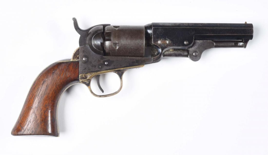 Colt Model 1849 Pocket Model Percussion Revolver.: Serial No. 132538. Manufactured 1857. All matching numbers including wedge. Gun feature a 4" octagon barrel, single action, five shot, .31 caliber, percussion, with case colored frame and varnished wa