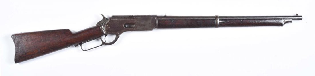 Winchester Model 1876 Carbine.: Serial No. 23712. Manufactured 1882. Offered is a scarce Winchester model 1876 full stock carbine. Standard features include 22" round barrel, single barrel band, full stock, saddle ring with carbine 