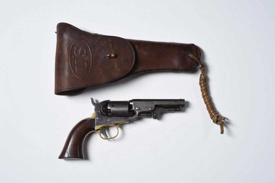 Colt Model 1849 Pocket Model Percussion Revolver.: Serial No. 286868. All matching numbers including wedge. Manufactured 1866. Standard 1849 single action .31 caliber five shot percussion revolver. 4" octagon barrel, stagecoach cylinder scene. Varnish