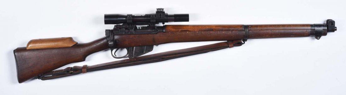 British Enfield No. 4 Mark I Sniper Rifle.**: Caliber .303 British. "T" is stamped on left side of frame, "TR" stamped on left stock band. Gun sports a reproduction mount and No. 32 Mark II military scope. A sniper cheek piece has been added to t