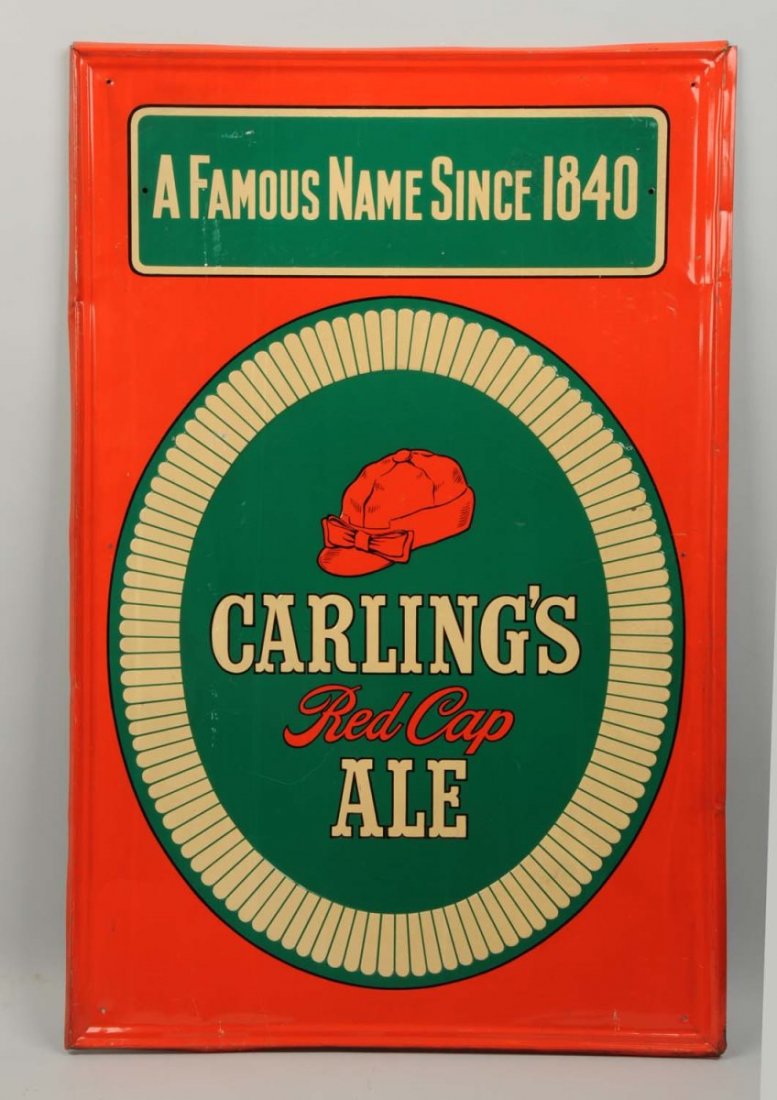 Carling's Red Cap Ale Tin Sign.: Few minor bends and damage to the corners. Condition Very Good Plus). Size 23" x 35".