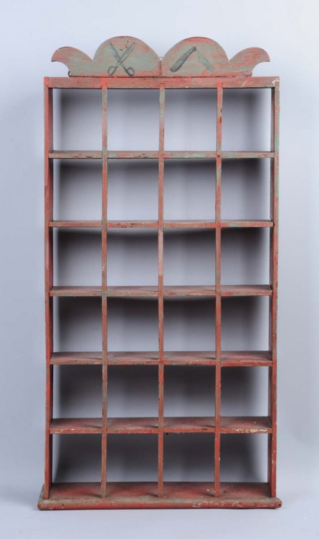 Early Wooden Shaving Mug Rack.: This rack has moderate overall wear and fading to the paint. Condition (Very Good). Size 39" T.