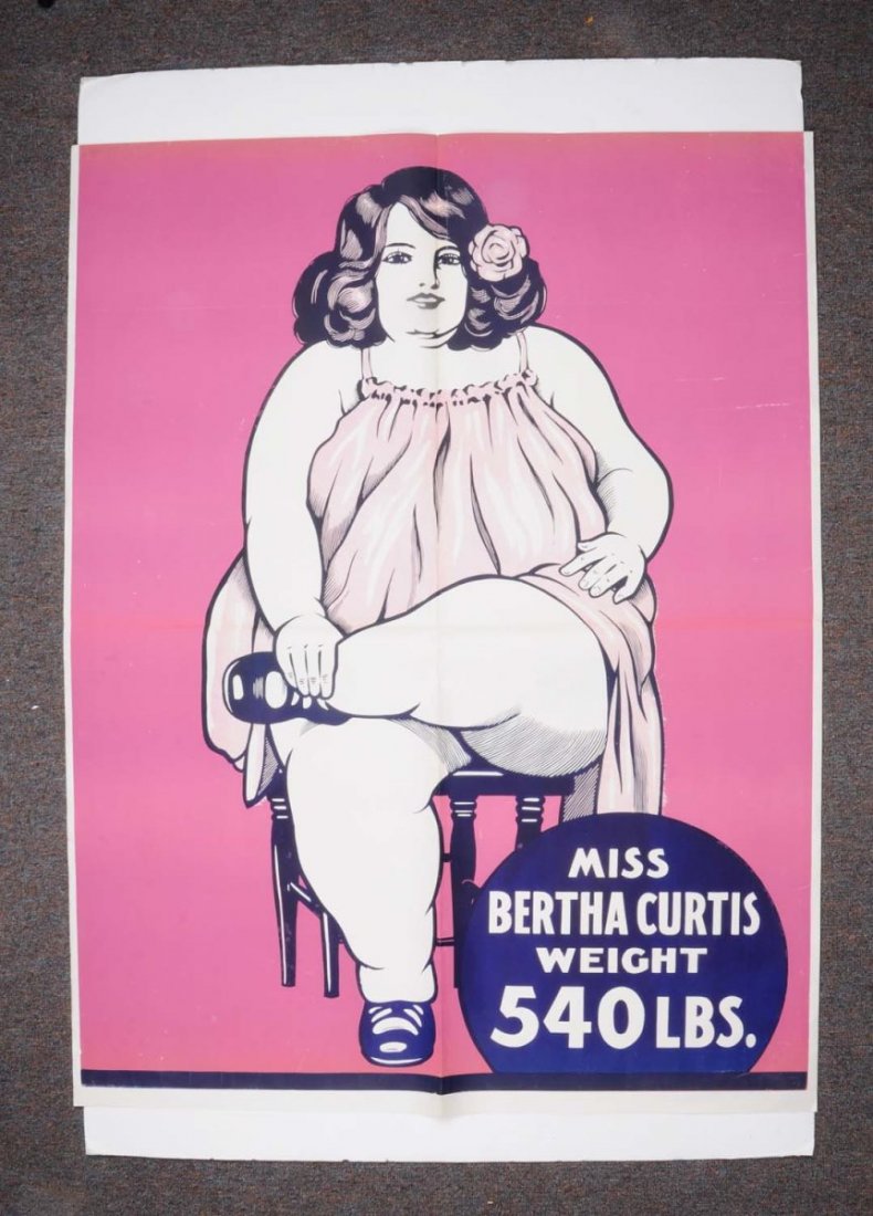 Miss Bertha Curtis Pounds Ripley's Poster.: This large poster depicts Miss Bertha Curtis who was a side show fat lady. Condition (Excellent). Size 42" x 54".