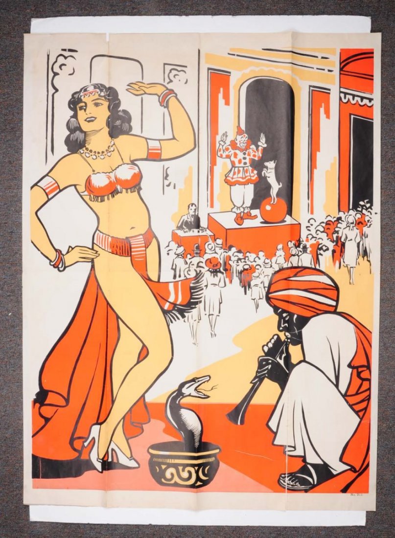 Large Poster of Snake Charmer and Dance.: This poster depicts a sideshow act featuring a snake charmer and dancer. Some seam tears. A very cool image. Condition (Very Good). Size 42" x 54".