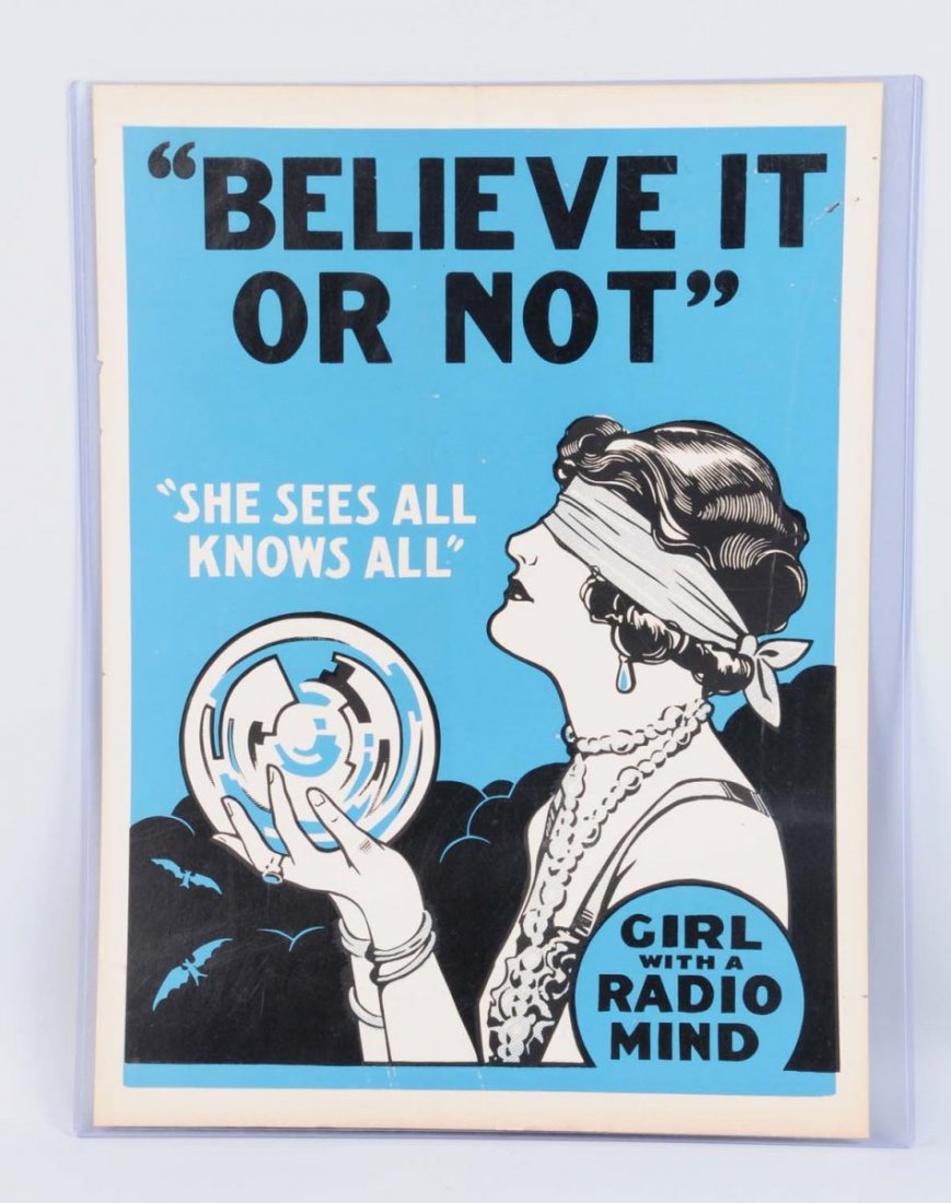 Girl with a Radio Mind Sideshow Poster.: This poster depicts the Girl with the Radio Mind. She appeared in Robert Ripley's show The New York World's Fair. Minor chipping and a few small holes. Condition (Very Good Plus). Size 21" x 28".