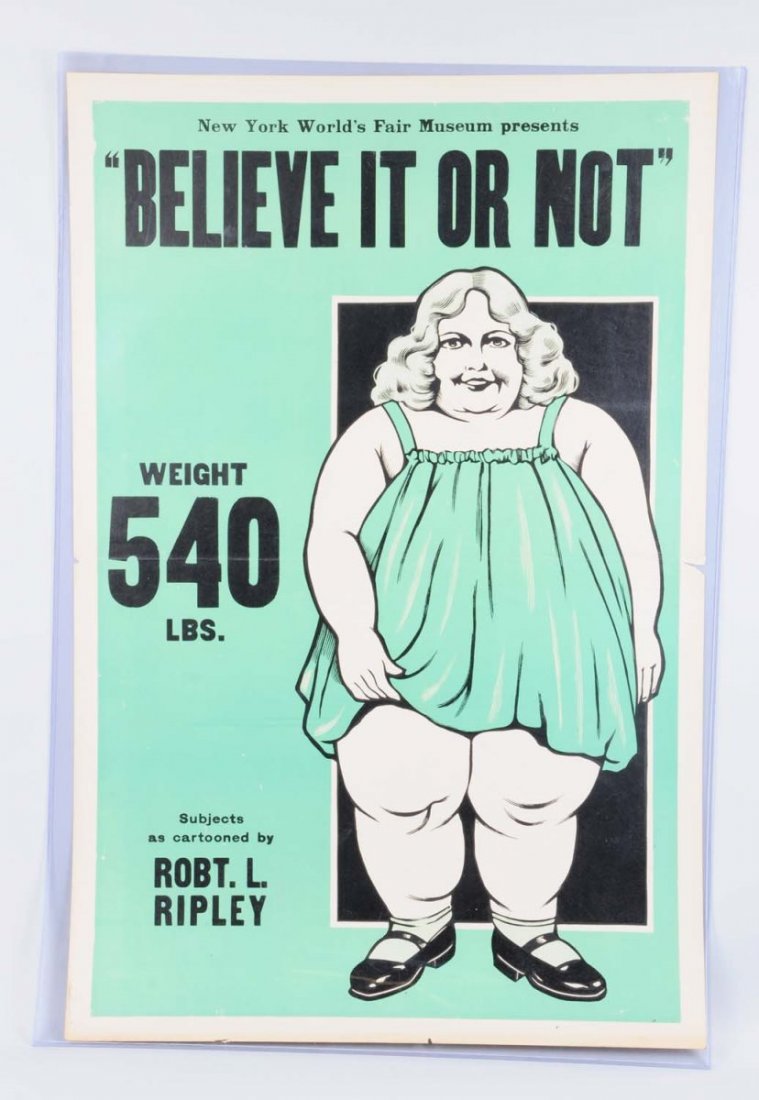 Ripley's Sideshow Poster - Fat Lady.: This poster depicts Bertha Curtis who was the sideshow fat lady for Robert Ripley. A few small nicks along the edges. Condition (Very Good Plus). Size 28" x 42".