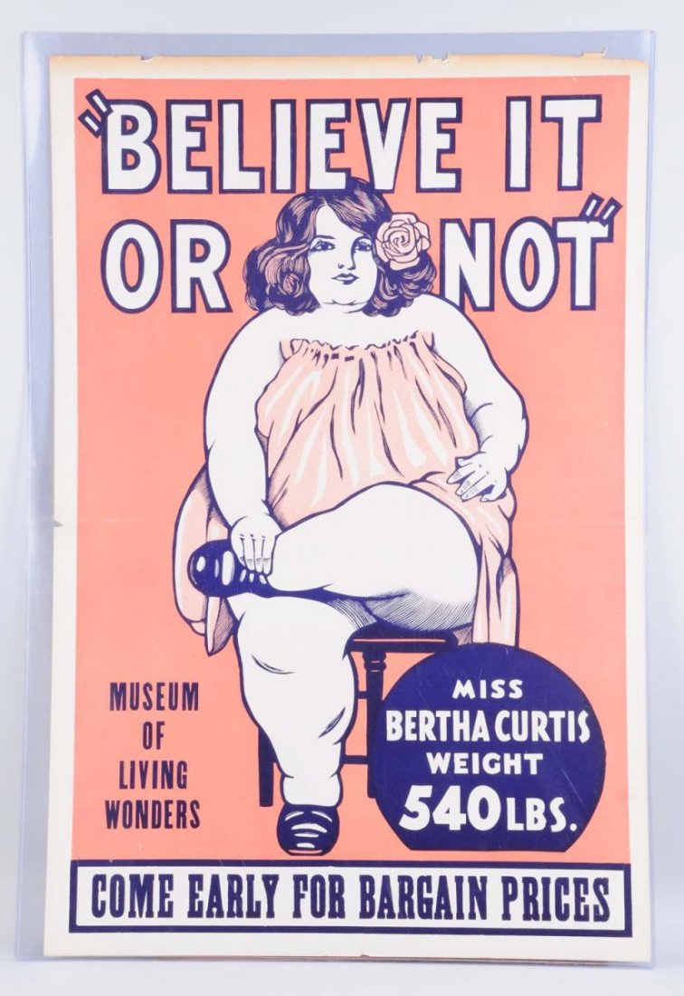 Bertha Curtis Sideshow Poster.: This poster depicts Miss Bertha Curtis who was the fat lady at Rober Ripley's show at the New York Wold's Fair. Wear at top edge and a few small tears. Condition (Very Good Plus). Size 28" x 42