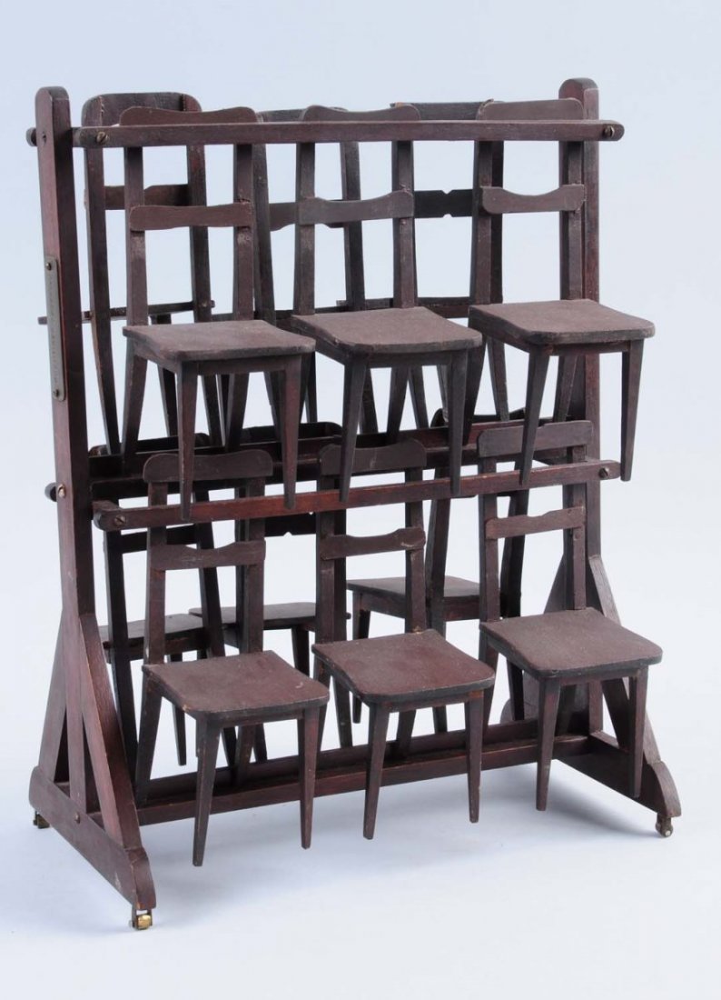 Salesman Sample Chair Storage Rack.: No manufacturer shown. Great little sample that includes wooden rack and 12 wooden chairs. 1908 patent date. Great item. Condition (Excellent). Size 13" T.