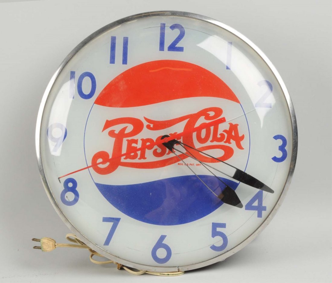 Pepsi - Cola Electric Clock.: This Pepsi clock has some soiling and a damaged cord. Condition (Very Good Plus). Size 15 - 1/2" Dia.