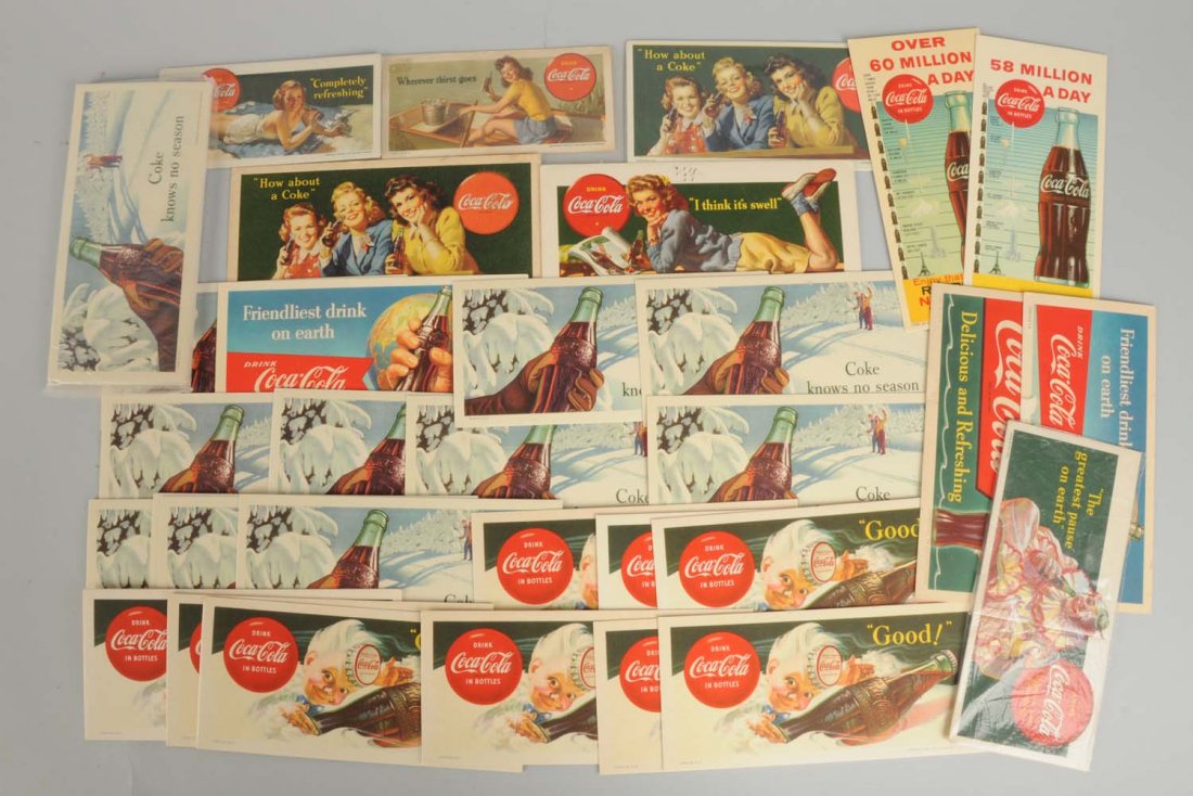 Lot of 40+ Coca - Cola Blotters.: This lot includes over 40 blotters from the 1940s - 50s including a 1940 clown blotter. Condition (Very Good Plus). Size Largest : 8" L.