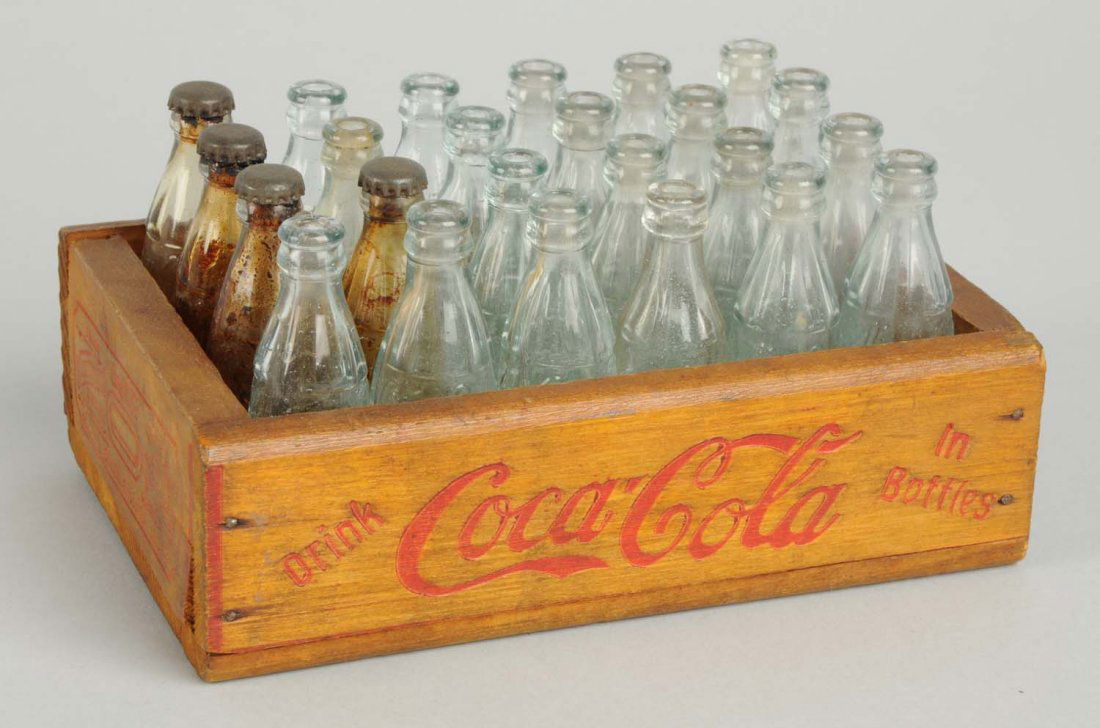Mini Wooden Coca - Cola Crate.: This miniature crate has minor overall wear. 24 mini glass bottles are included as well. Condition (Very Good Plus). Size 6" L.