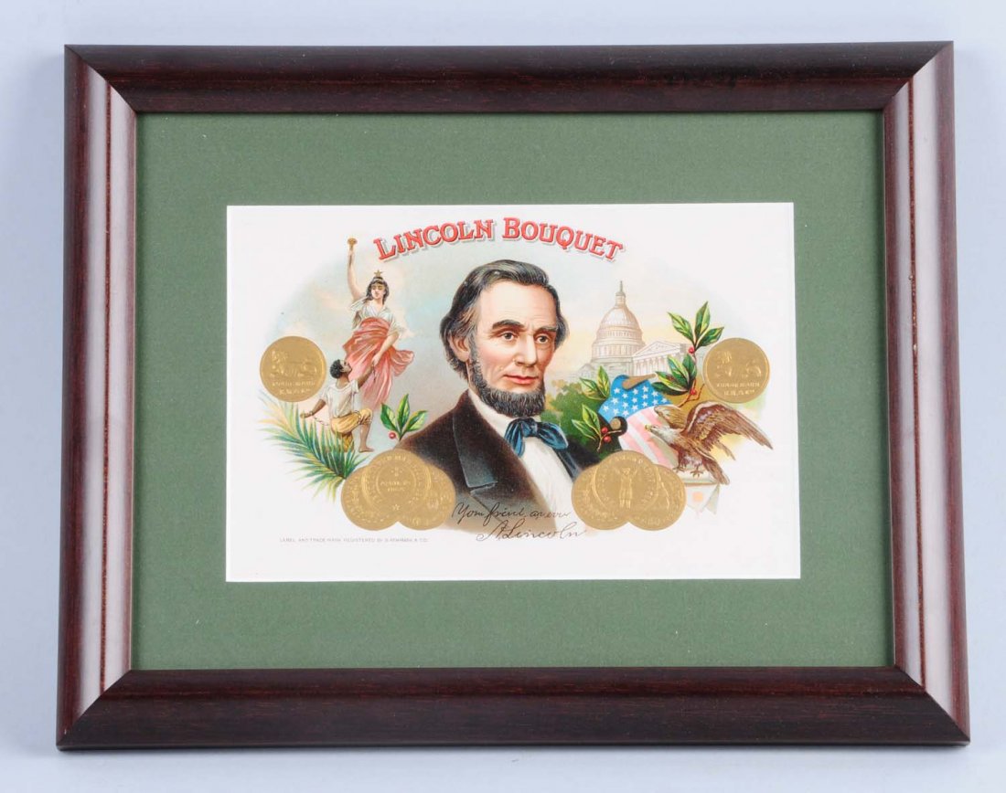 Lincoln Bouquet Cigar Box Label.: This label is in great condition and features Abraham Lincoln. Framed. Condition (Excellent). Size 12" x 9 - 1/2".