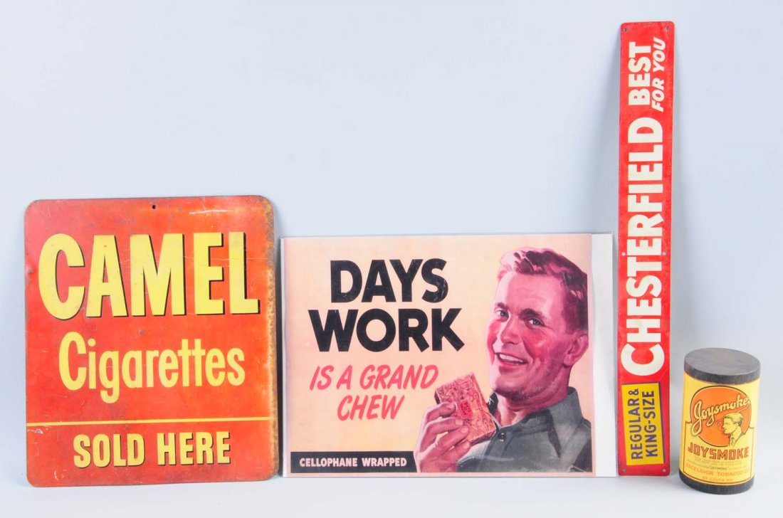 Lot of 4: Tobacco Advertising Items.: This lot includes a Joysmoke cardboard tin, a chesterfield strip sign with heavy repaint, a reproduction day's work cardboard sign and a camel cigarettes two sided metal sign with severe wear and fadi