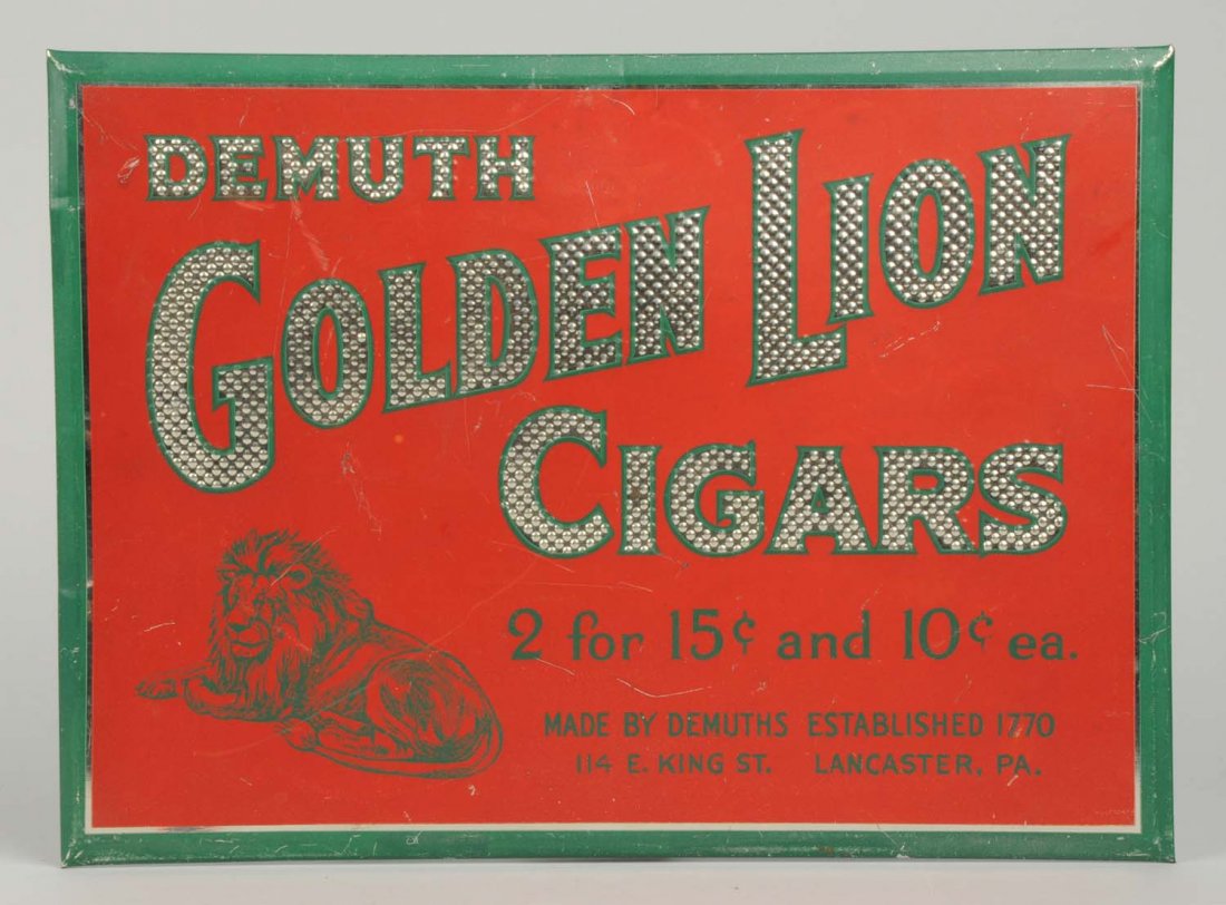 DeMuth Cigars Tin Over Cardboard Sign.: This sign has a few minor scratched and small dents. Condition (Very Good Plus). Size 9 - 1/2" x 13".