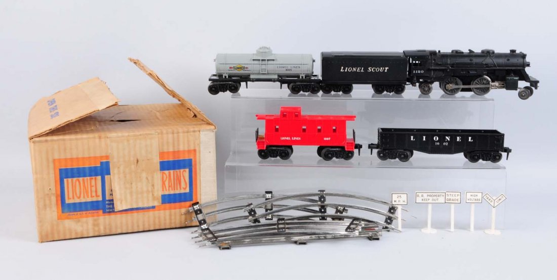 Lionel Scout Set with Set Box & KW Transformer OB: Scout set consists of 1120 steam locomotive in original box, slight wear but otherwise like new condition. Has good square original box with all flaps. 1001T tender is complete like new in original bo