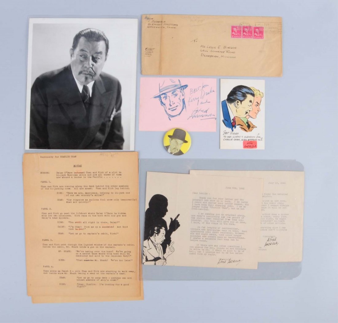 Lot of Vintage Charlie Chan Memorabilia.: Includes: photos of Warner Olan, one of the men to play Charlie Chan in the movies, Charlie Chan pocket mirror, a drawing, a card, a couple of typed 1940s letters and a couple possible script pages. V