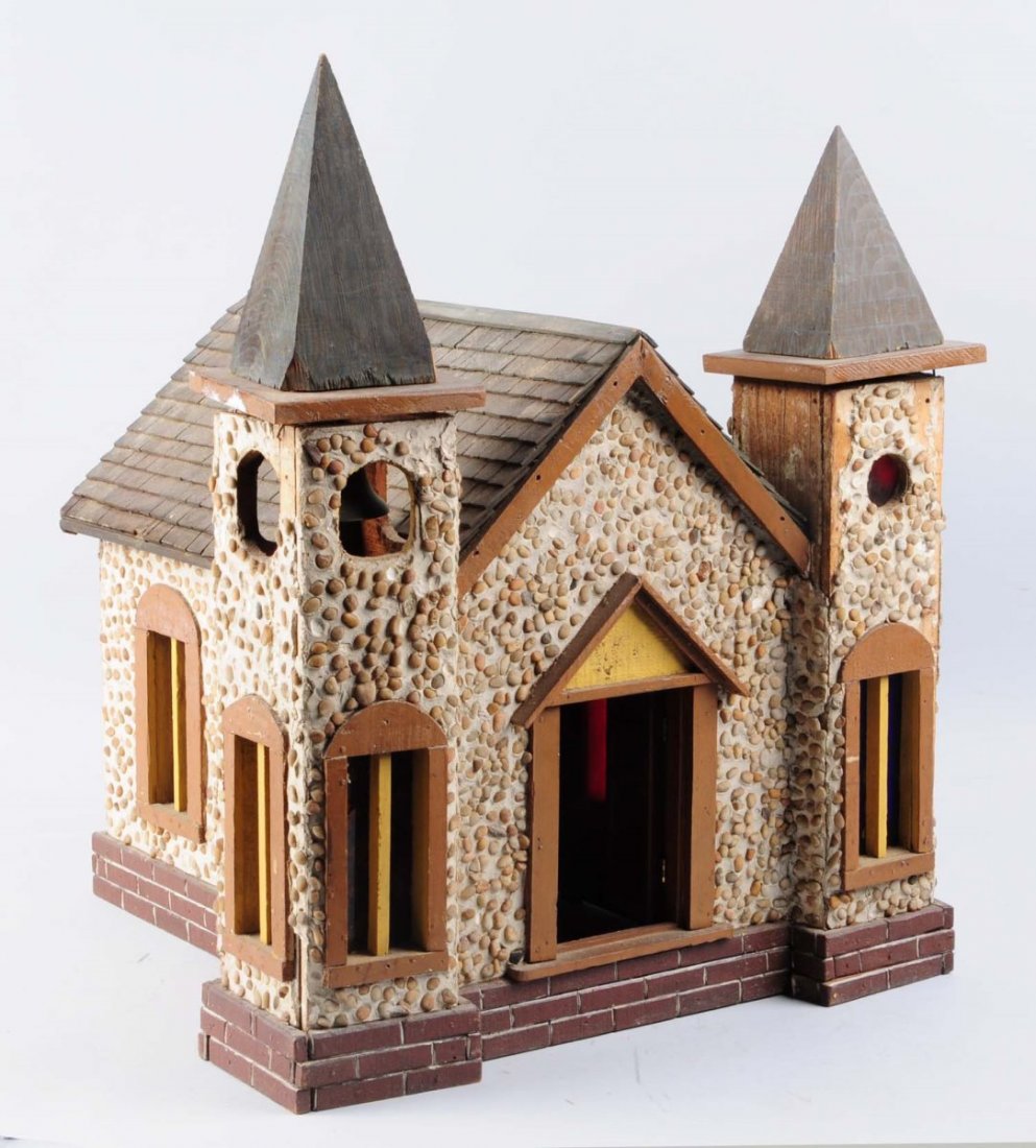 Wood and Stone Doll House Church.: Made of a combination of wood, stones, and plaster. Front doors open. Unmarked, but looks 1940s or 50s. Some wear to roof. Condition (Very Good). Size 20" L.