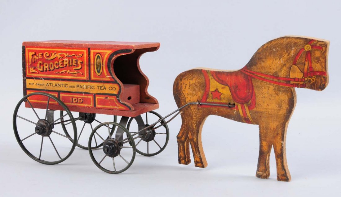 Wooden Horse and Grocery Cart Pull Toy.: Consists of a wooden horse appears to be paper on wood depicting different colors of the horse and saddle, also connected is the wooden cart which has colorful advertisement on both sides. Condition (