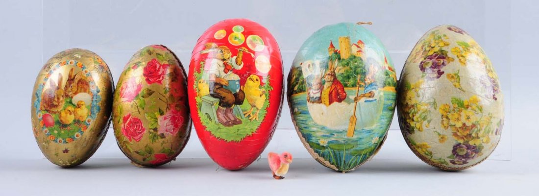 Lot of 5: German Cardboard Easter Eggs.: These eggs have minor to moderate damage. Condition (Very Good Plus). Size Largest : 6" L.