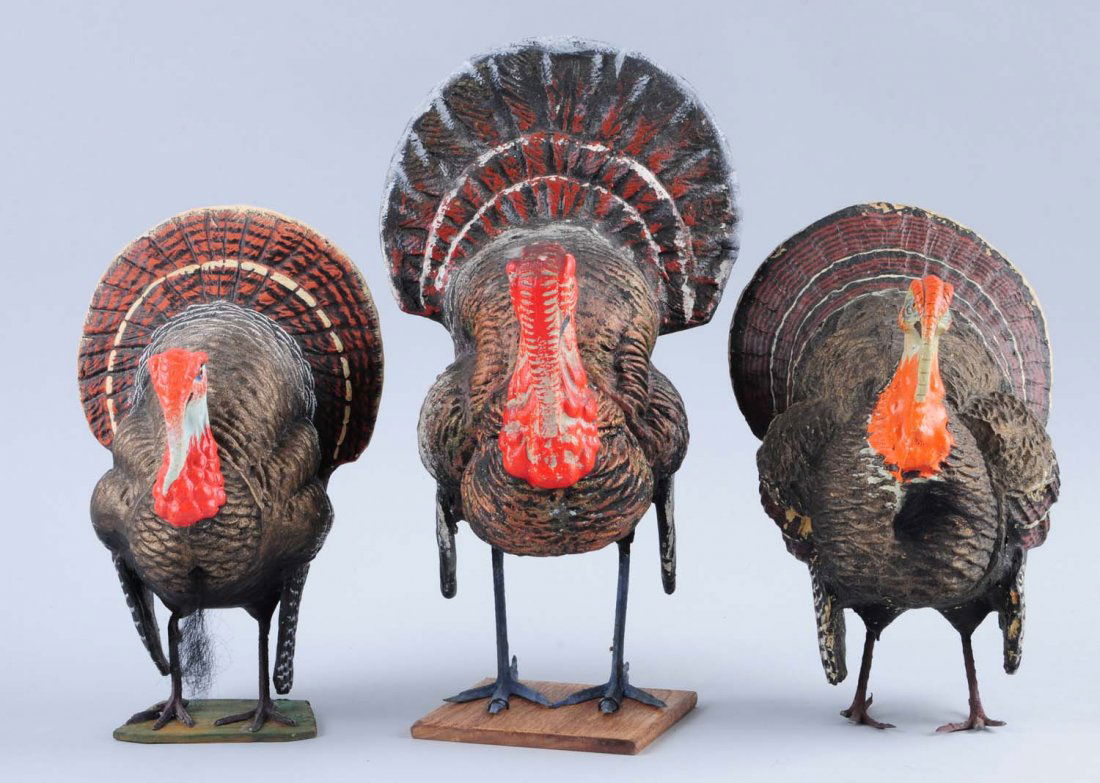 Lot of 3: Paper Mache Turkey Candy Containers.: These turkeys have only very minor wear overall. Condition (Very Good Plus). Size Largest : 10" T.