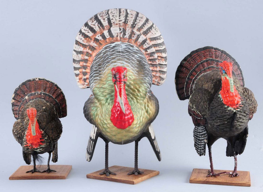 Lot of 3: Paper Mache Turkey Candy Containers.: These turkeys have minor overall wear. The larger one may be newer. Condition (Very Good Plus). Size Largest : 11" T.