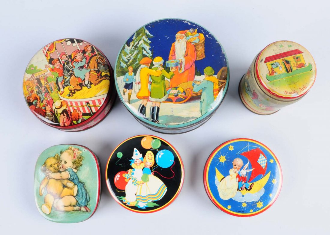 Lot of 6: Candy Tins.: One of Santa with children, one of Noah's Ark, and the other four are with children. Most with scratches. Condition (Very Good). Size Largest : 7" Dia.