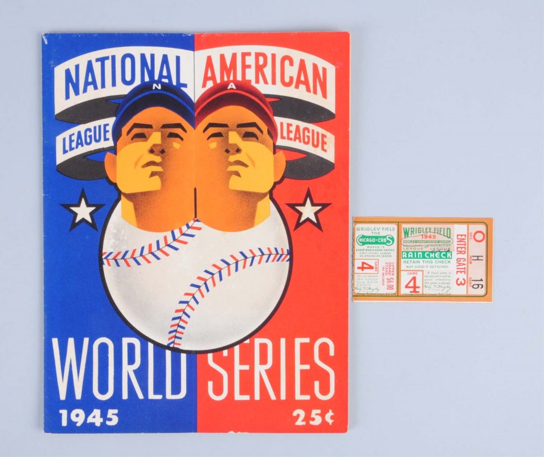 1945 Baseball World Series Program.: Also includes used game four ticket from Rigley Field. This is the Cubbs version. Has been scored and folded. The opponent was the Detroit Tigers. On the back there is some glue and paper damage. Cond