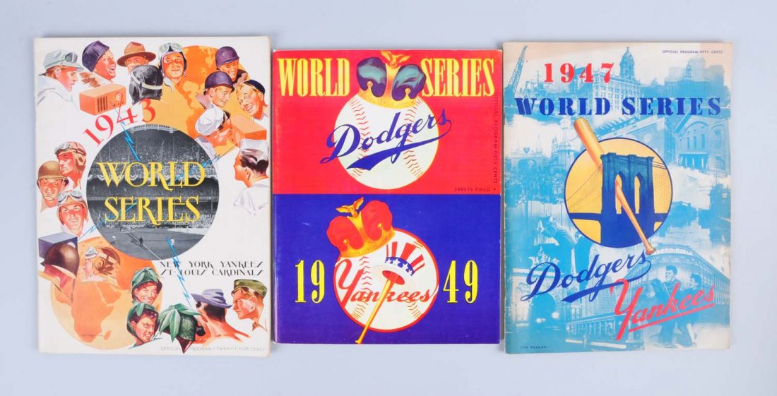 Lot of 3: 1940s Baseball World Series Programs.: There is a 1943 Yankee Cardinals, Yankees version. A 1947 Dodgers Yankees, Dodgers version. And a 1949 Dodgers Yankees, Dodgers version. All three have been un - scored. There are some creasing and st