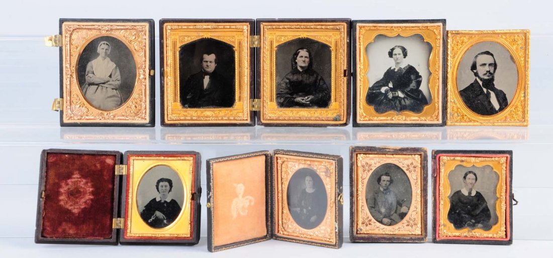 Lot Of 8: Ambrotype Images.: Three are 1/6th plates. One is a thermoplastic case with two elderly people. Two 1/6th plates of women. Five 1/9th plates. Images are clear. Condition (Excellent). Size Largest : 6 -1/2" L.