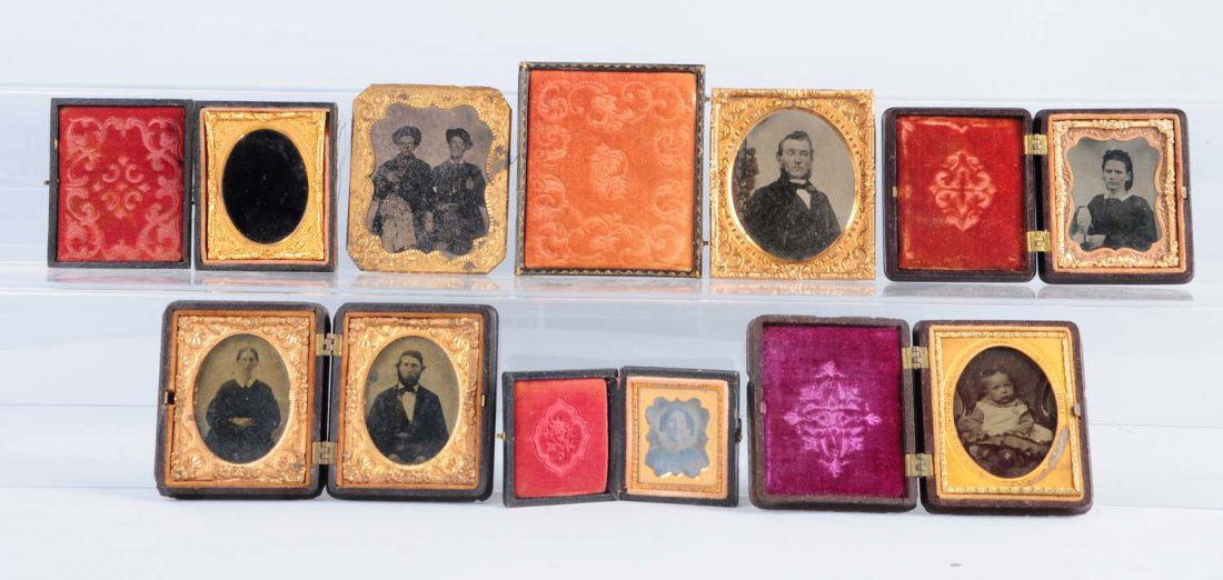 Lot Of 7: Tin Types Images.: One of which is a 1/9th plate only. One of a child, the rest are women and men. One image of two men which is a bit pitted. Condition (Excellent). Size Largest : 3 -1/2" L.