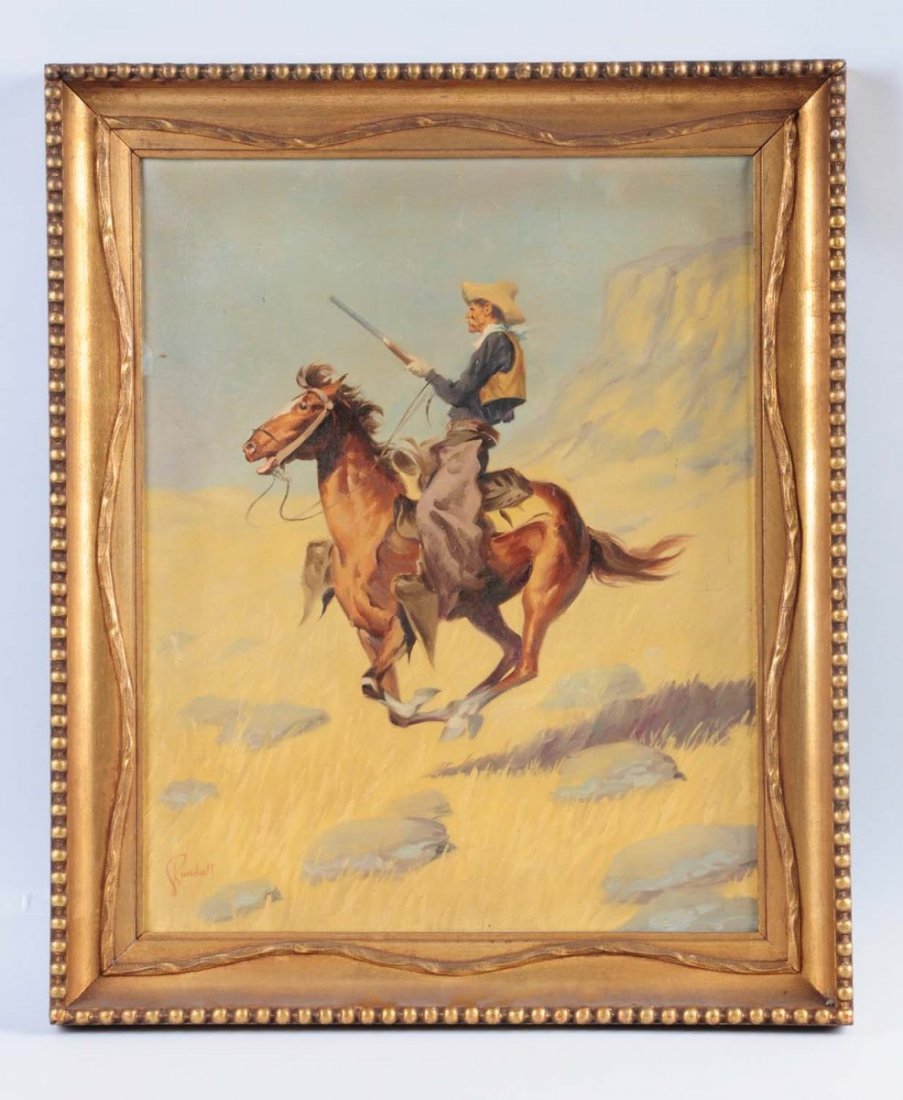 Oil on Canvas.: Cowboy with gun on horse by Randall. No damage. Condition (Excellent). Size 24" L.