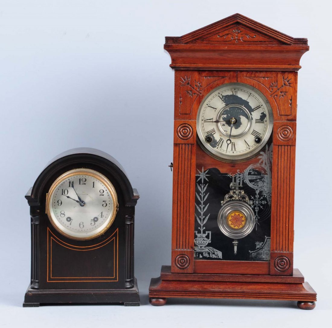 Lot of 2: Mantle Clocks.: The first one is a Seth Thomas time and strike clock. Has pendulum, but no key. The second one is an unknown maker time and strike clock. Has pendulum and key. Moderate paint loss to face. Condition (
