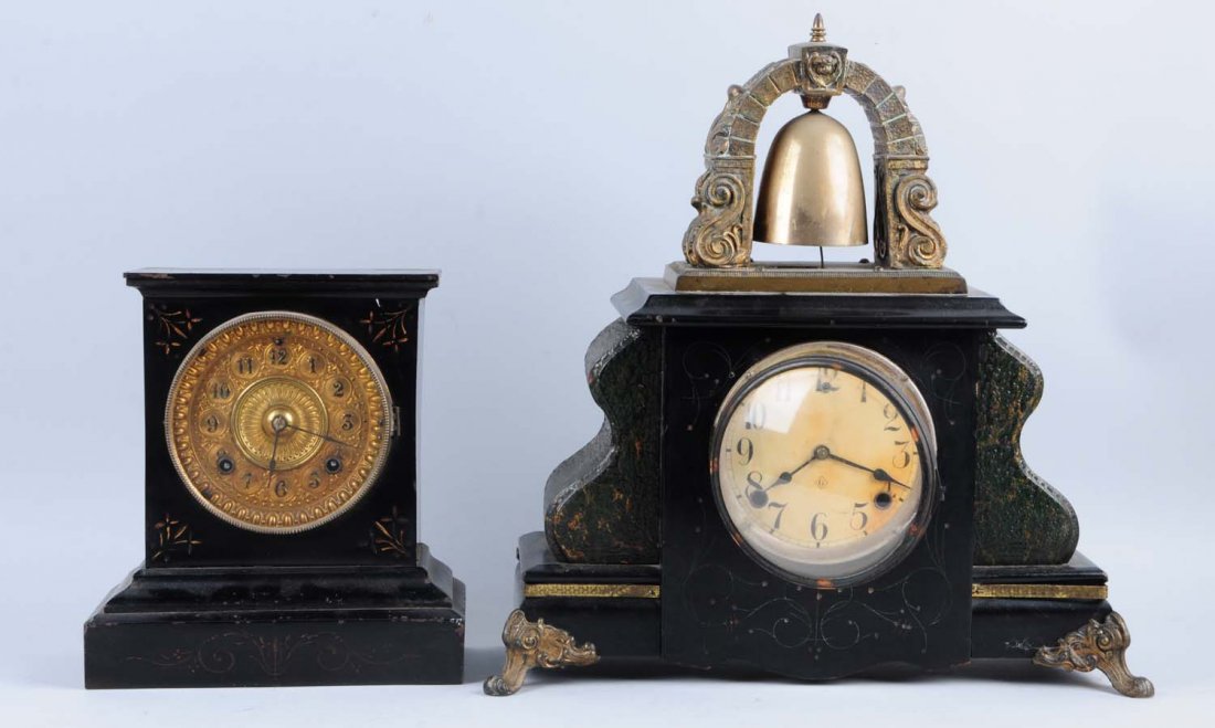 Lot of 2: Mantle Clocks.: The first one is a Time and strike clock with external bell, pendulum but no key. The second one is an Ansonia. Has crack in upper right corner. Time and strike clock. Has pendulum. Condition (Very Go