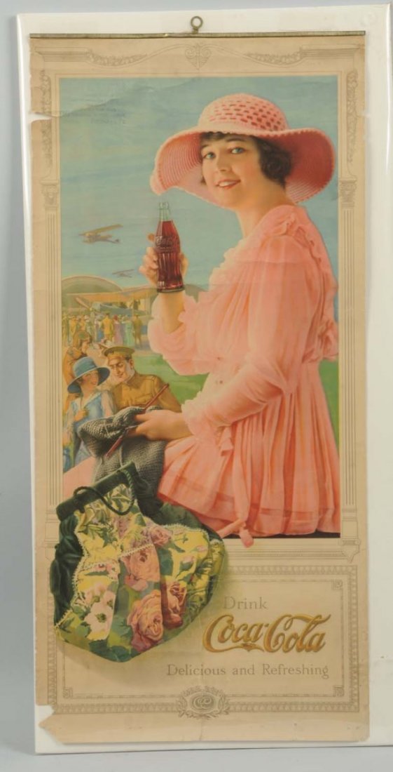 1919 Coca-Cola Calendar Top.: Has metal strip with bends, soiling, closed tears, small missing edge chips. Condition (Good). Size 27 - 1/2" x 13".