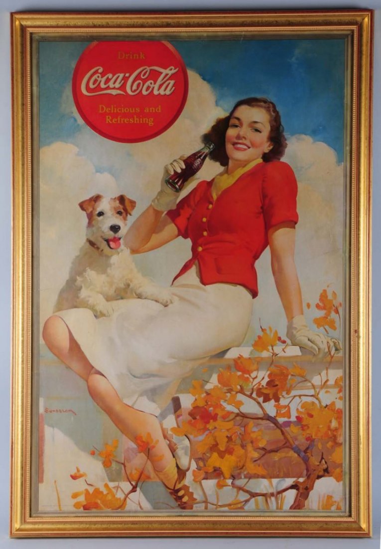 1938 Large Coca-Cola Poster.: Beautifully framed under plexi not often found and great artwork by Sundblom Light to moderate soiling with a few closed tears at opposite edges, small marks and wear, edge wear, with small spot touch