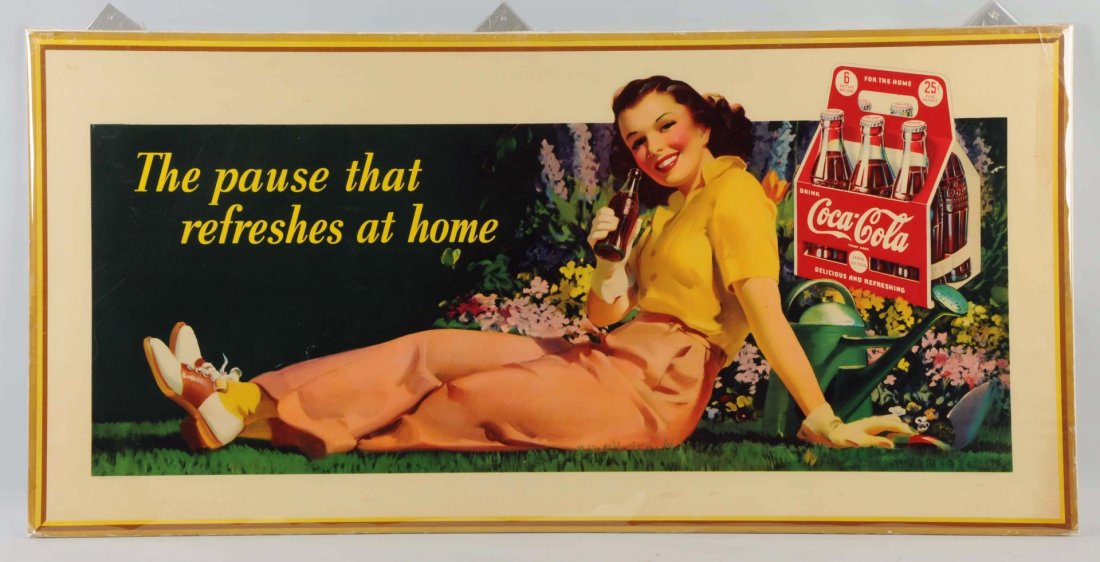 1941 Large Coca-Cola Poster.: Minor soiling, mild spots and stains, and delamination; mostly confined to edges and outer white borders. Presents well. Condition (Excellent). Size 27 - 1/2" x 56 - 1/2".