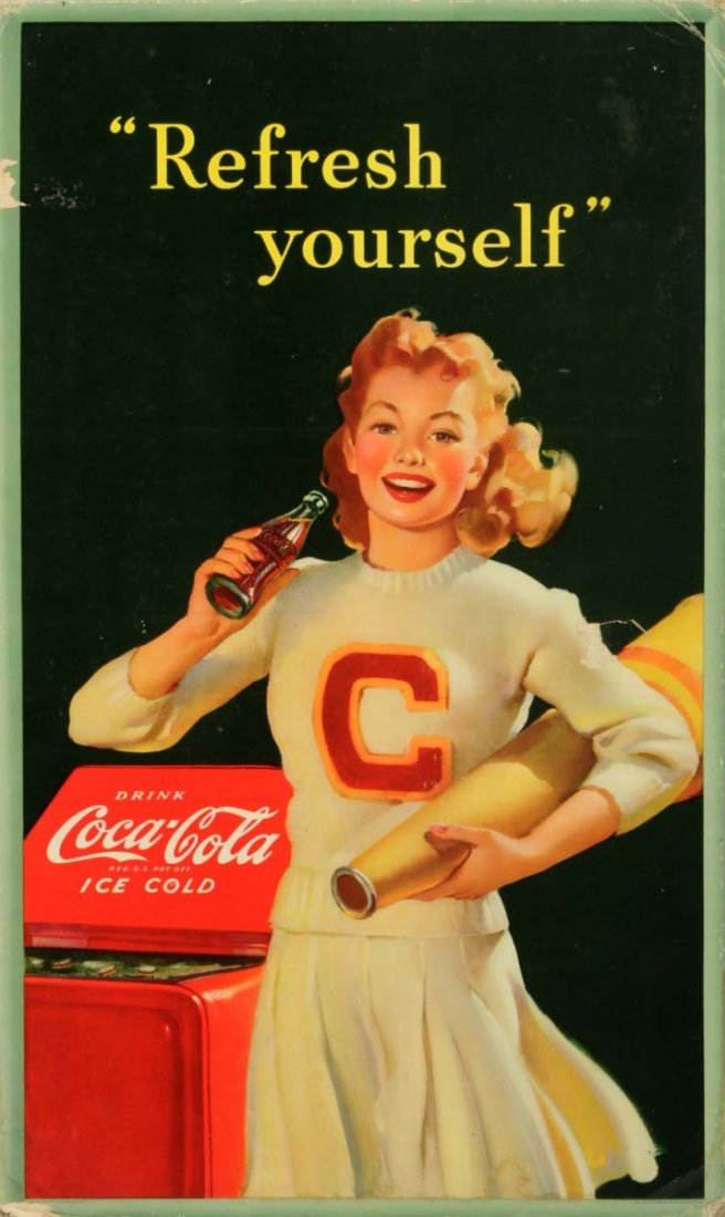 1944 Coca-Cola Small Poster.: Edge wears and corner bends, with a few paper chips, and light stains at bottom. Condition (Very Good). Size 27" x 16".