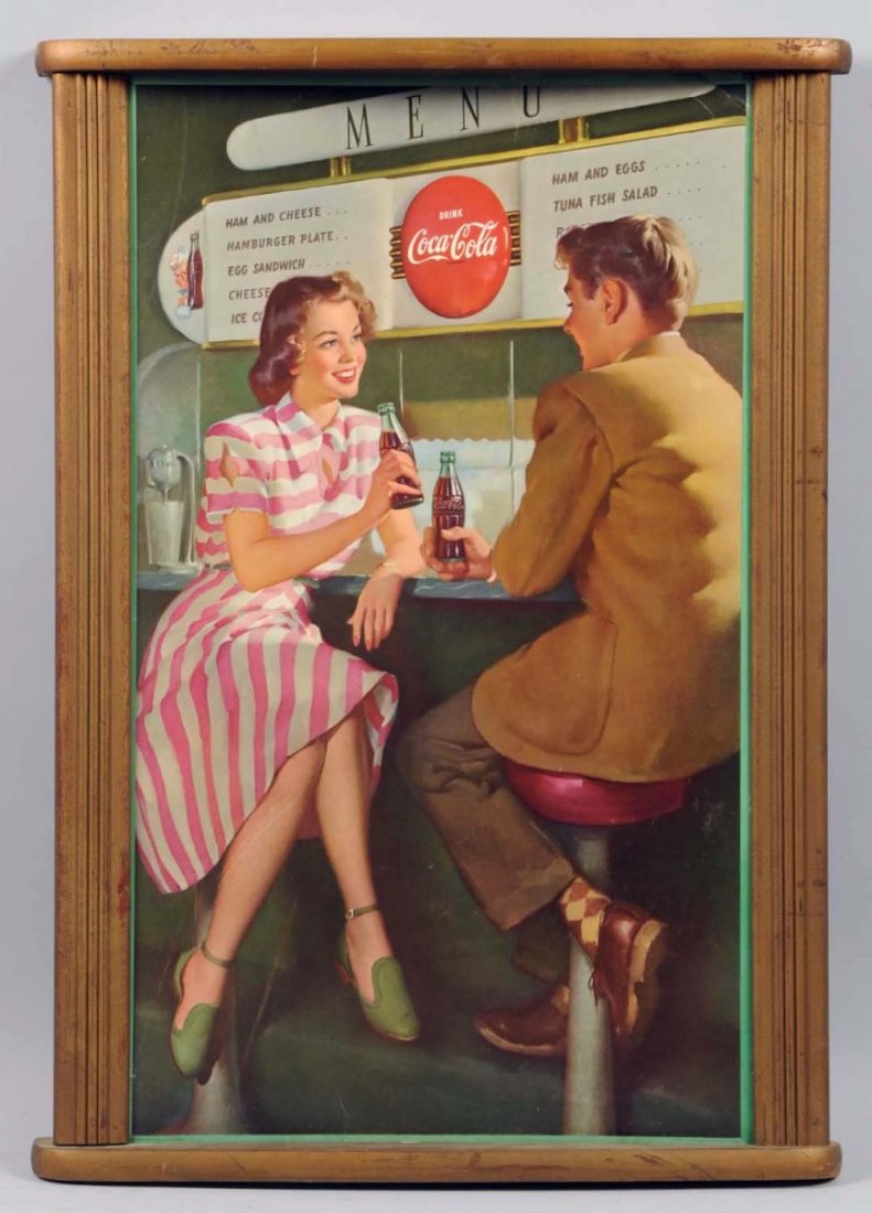 1948 Coca-Cola Poster & Kay Frame.: Great image that is hard-to-find with mild to medium marks and wear. Displays quite well! Extreme upper right corner chip is repaired. Condition (Very Good - Excellent). Size Framed: 28" x 20".