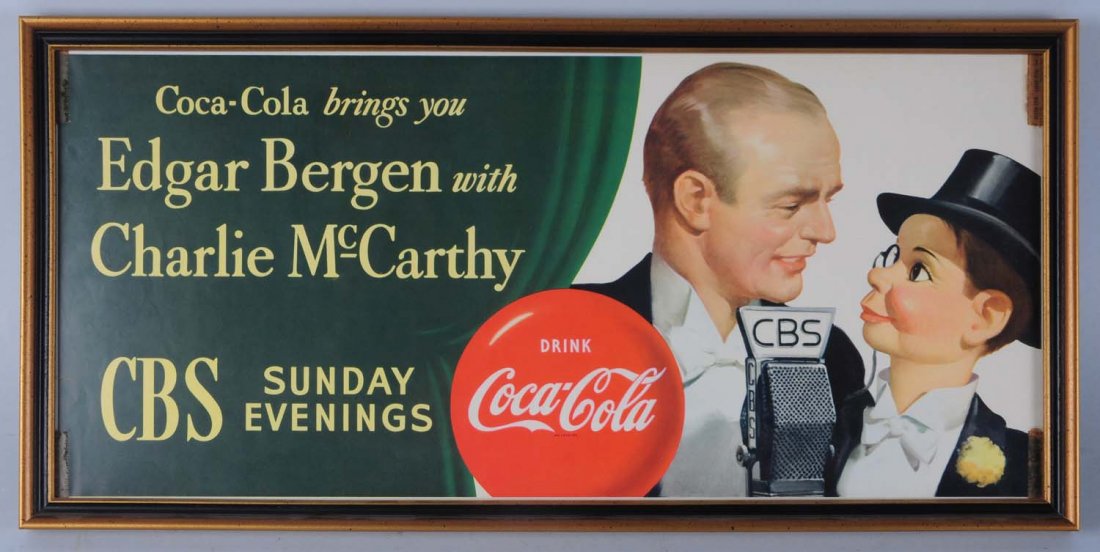 1950s Coca-Cola Bergen-McCarthy Paper Poster.: Framed under glass no wear with normal darkening around original window tape corners since never used. Condition (Near Mint). Size Framed: 25 - 1/4" x 12".