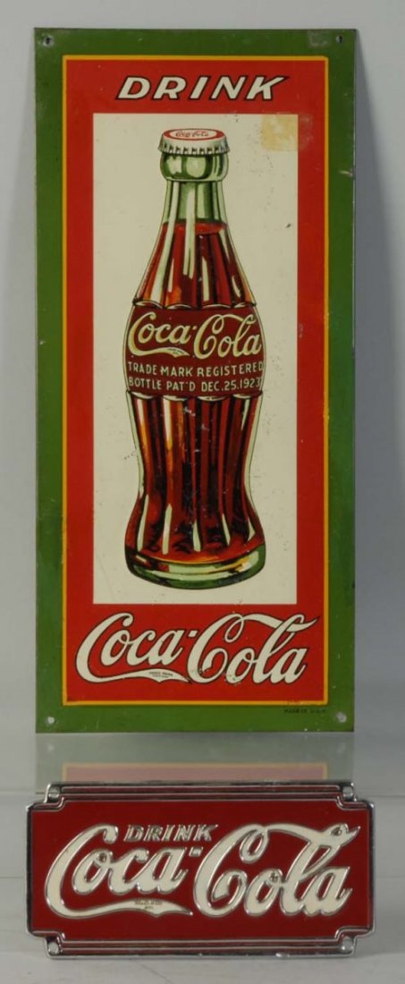 Lot of 2: Coca-Cola Signs.: The 1930s tin bottle sign has wear, flaking, and clear coat. The dispenser tag sign has a few small edge dents and minor soiling. Condition (Good - Excellent). Size Largest: 13 - 1/2" T.