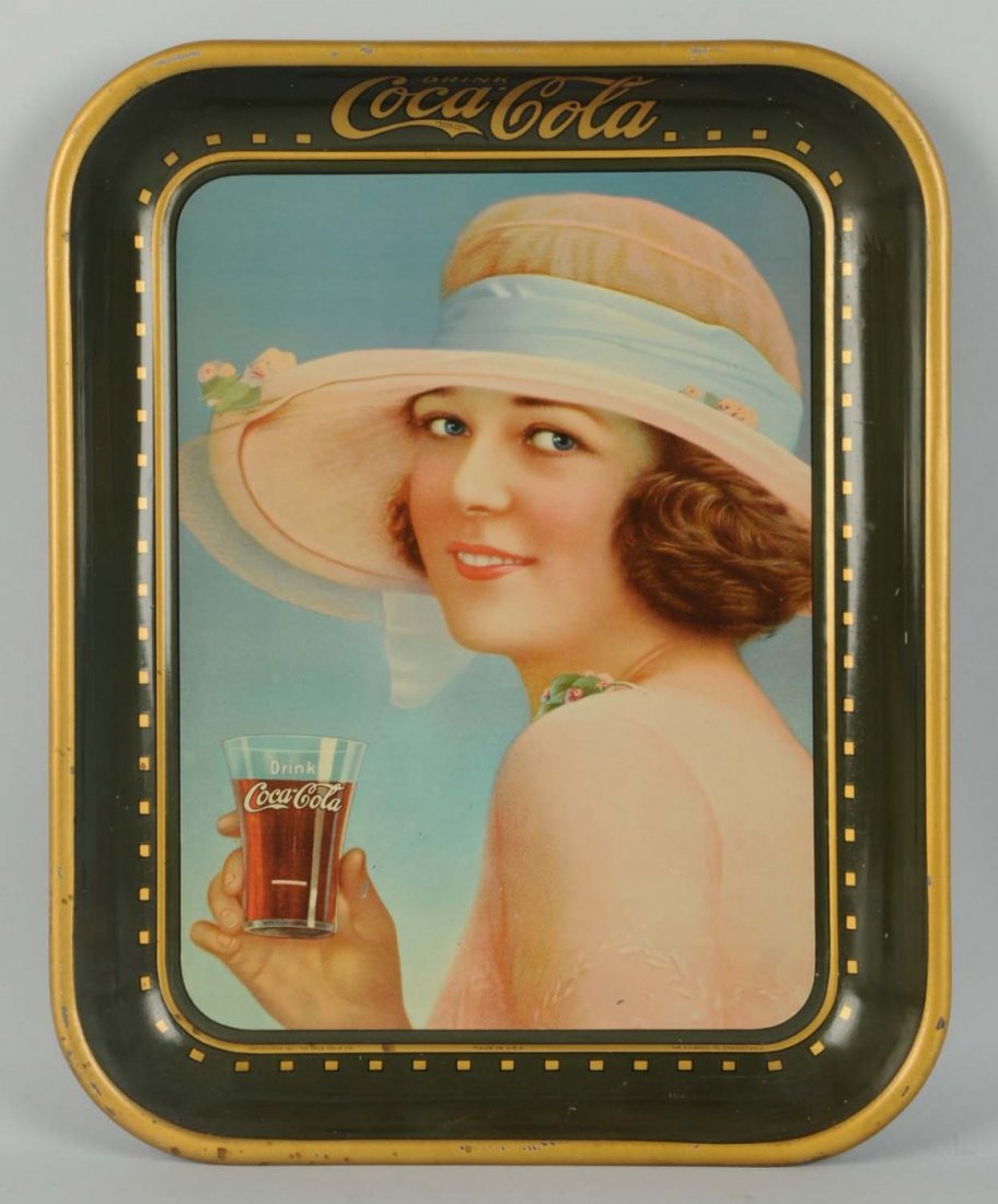 1922 Coca-Cola Serving Tray.: Strong example. Small scratch near her thumb and minimal rim nicks. Condition (Excellent). Size 13 - 1/4" x 10 - 1/2".