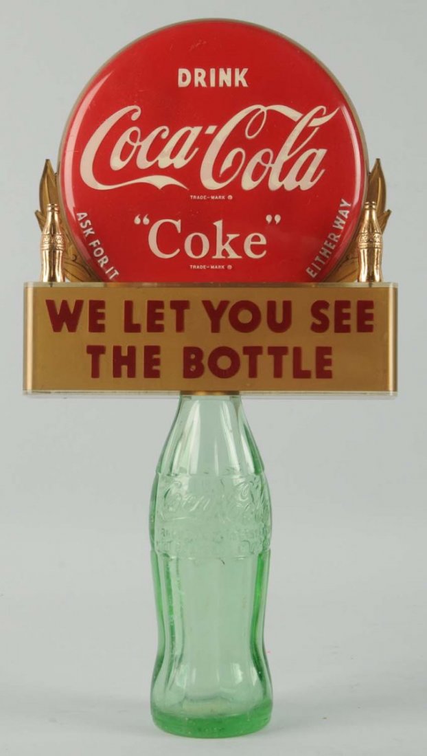 1950's Coca-Cola Bottle Topper Display.: Plastic and metal with light wear only and some discoloration with lettering due to separation of paint. But not prone to flaking. Condition (Excellent). Size 13 - 1/4" T.