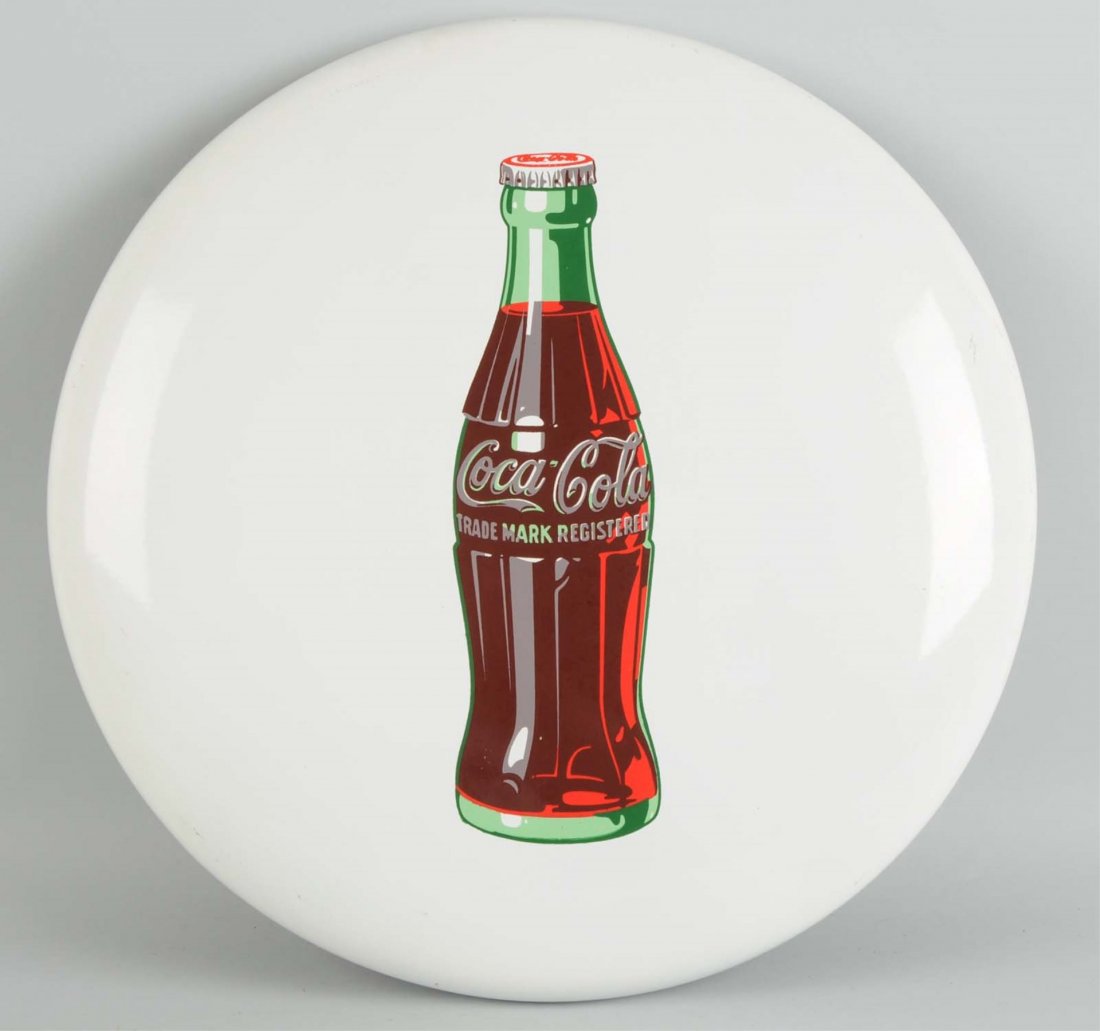 1950s Porcelain Coca-Cola Button.: Very clean and shiny with just a few small outer edge chips and edge wear of a light variety. Condition (Excellent - Near Mint). Size 24" Dia.