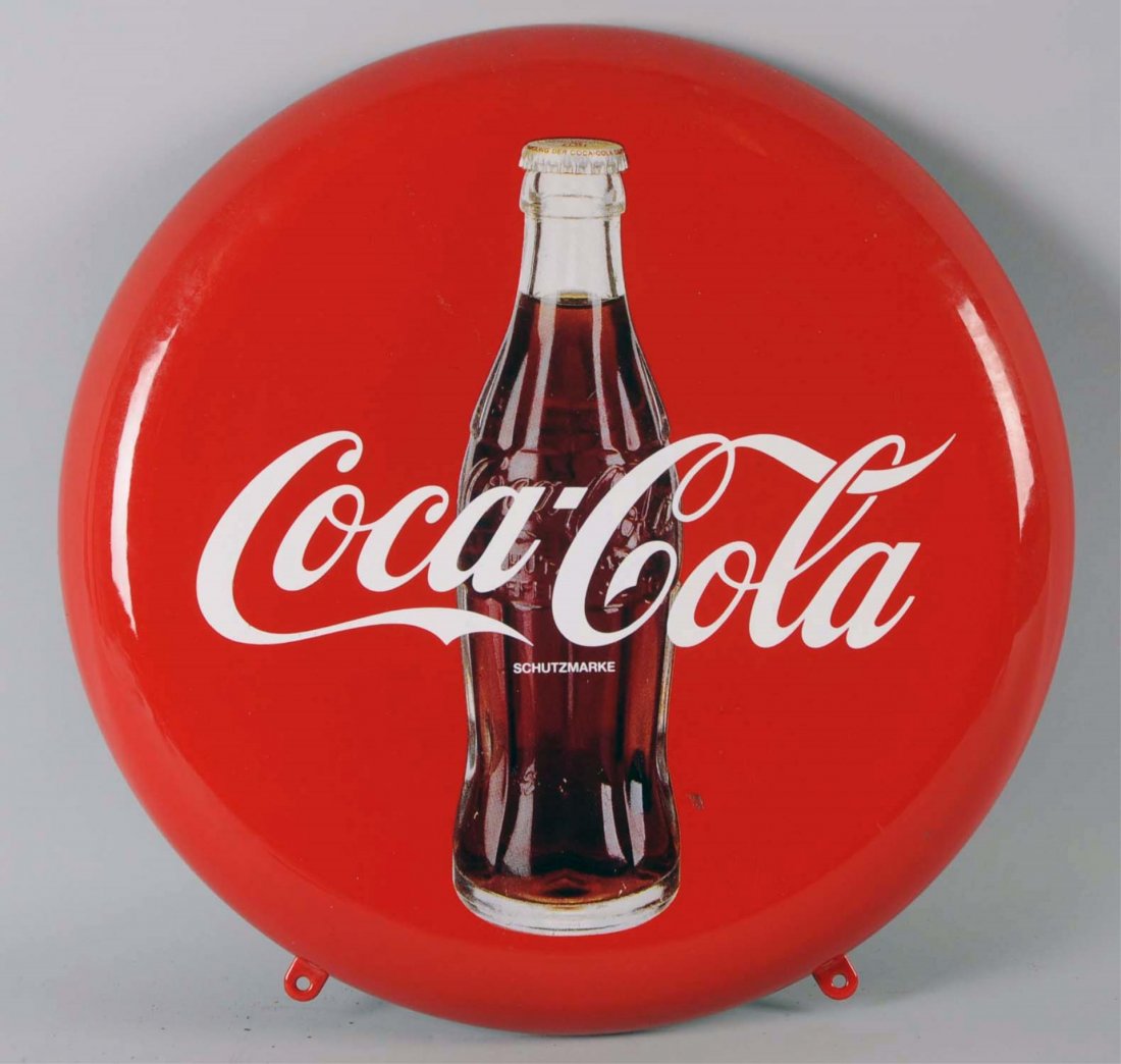 1950s German Porcelain Coca-Cola Button Sign.: Beautiful, with light soiling and a tiny surface mark or two. Condition (Near Mint). Size 16" Dia.