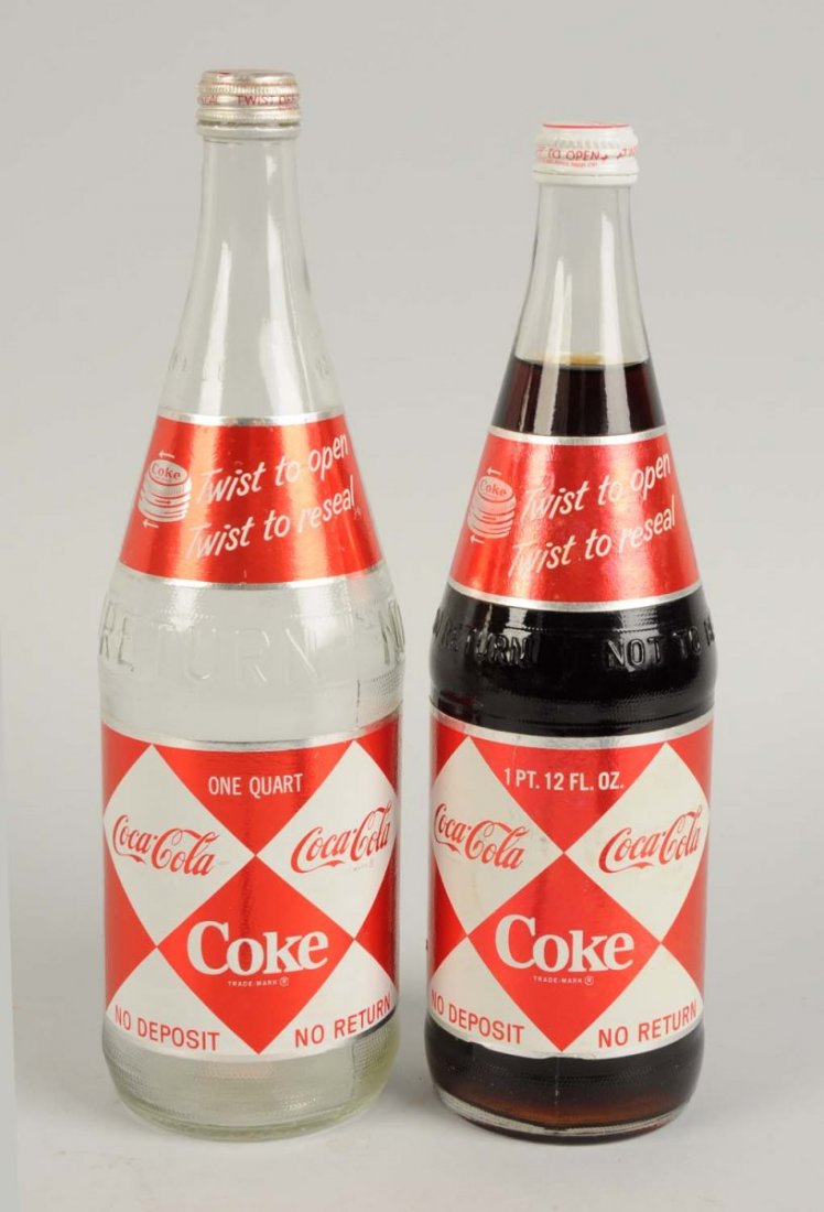 Lot of 2: 1960s Coca-Cola Paper Label Quarts.: One still full and never opened. Just lightest wear. Condition (Near Mint). Size Each: 12" T.