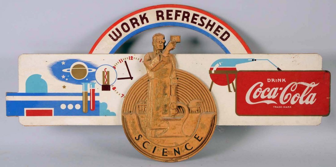 1940s Coca-Cola Kay Displays Science Sign.: Mild wear and delamination with loss of central gold paint on much of plaque. Condition (Very Good). Size 22 - 1/2" x 11 - 1/4".