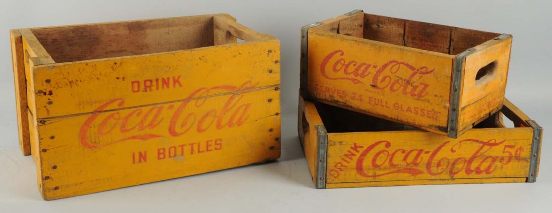 Lot of 3: Asstorted Coca-Cola Wooden Crates.: C. 1920's - 40's and all are forms not seen that often lighter wear to average wear. Condition (Very Good - Excellent). Size Largest:17 - 1/4" x 10 - 1/2" x 9 - 1/4"