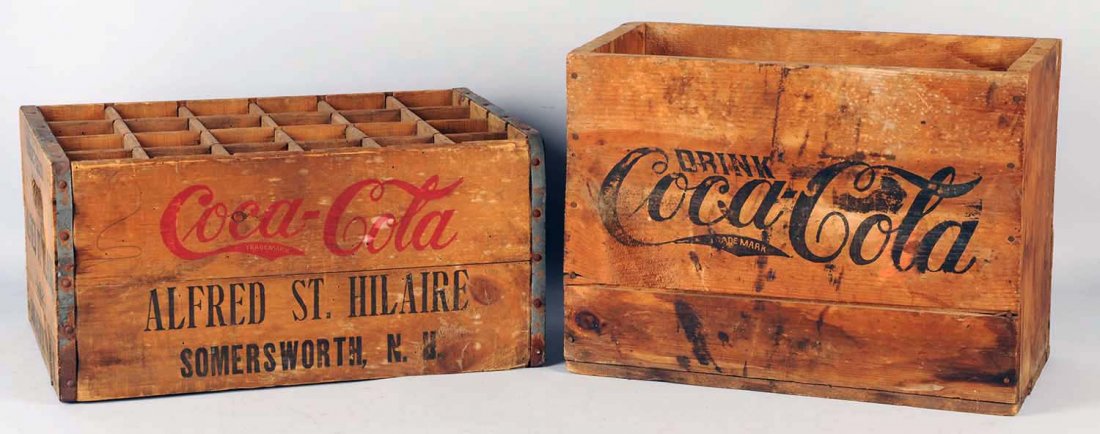 Lot of 2: Wooden Coca-Cola Crates.: One is taller than average with a wonderful early bold and dark logo. The other is clean and bright for its age. From Somersworth, New Hampshire. Condition (Very Good - Near Mint). Size Largest: 12 - 