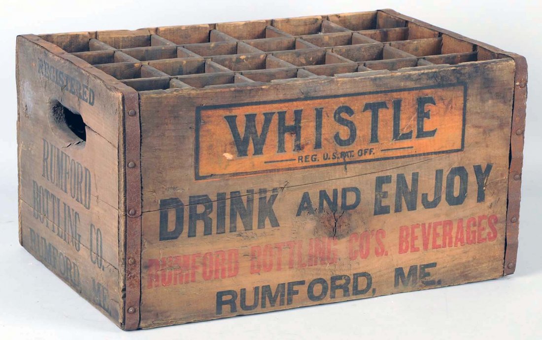 Whistle & Coca-Cola Wooden Crate.: Rumford, Maine. Both sides are different. 1915 to 1925 is the likely period. Light to moderate wear. Condition (Very Good). Size 18 - 1/2" x 9 - 1/2" x 12".